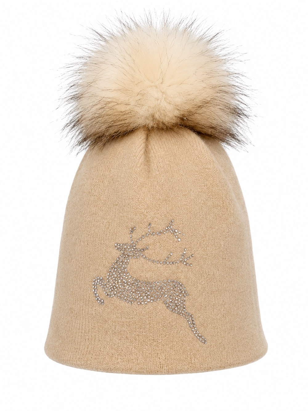 Designers Originals Beige Knit Hat with Rhinestone Reindeer